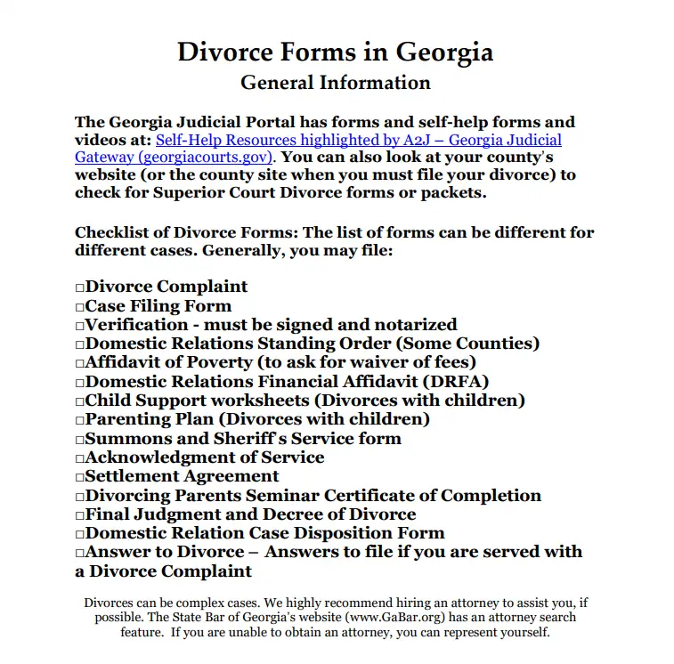 georgia list of divorce forms